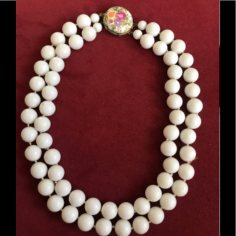 White Pearl Floral Clasp Double Strand Necklace